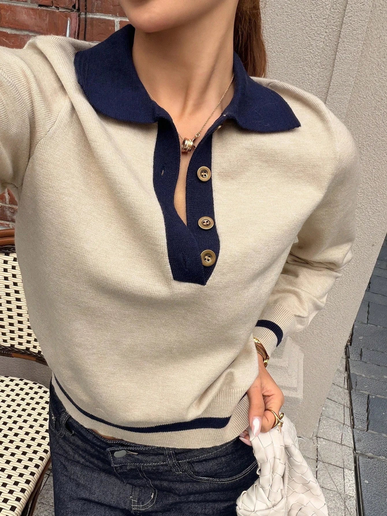 Madison Color Block Long Sleeve Polo Knit Top
