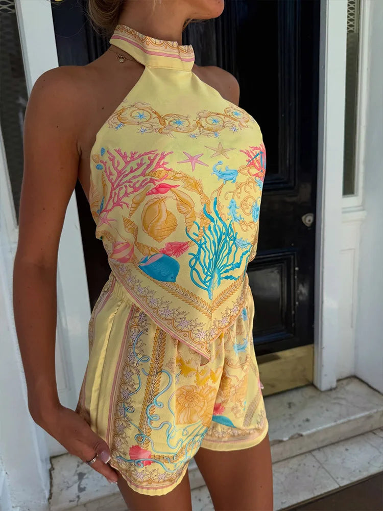 Oceana Baroque Print Halter & Shorts Set