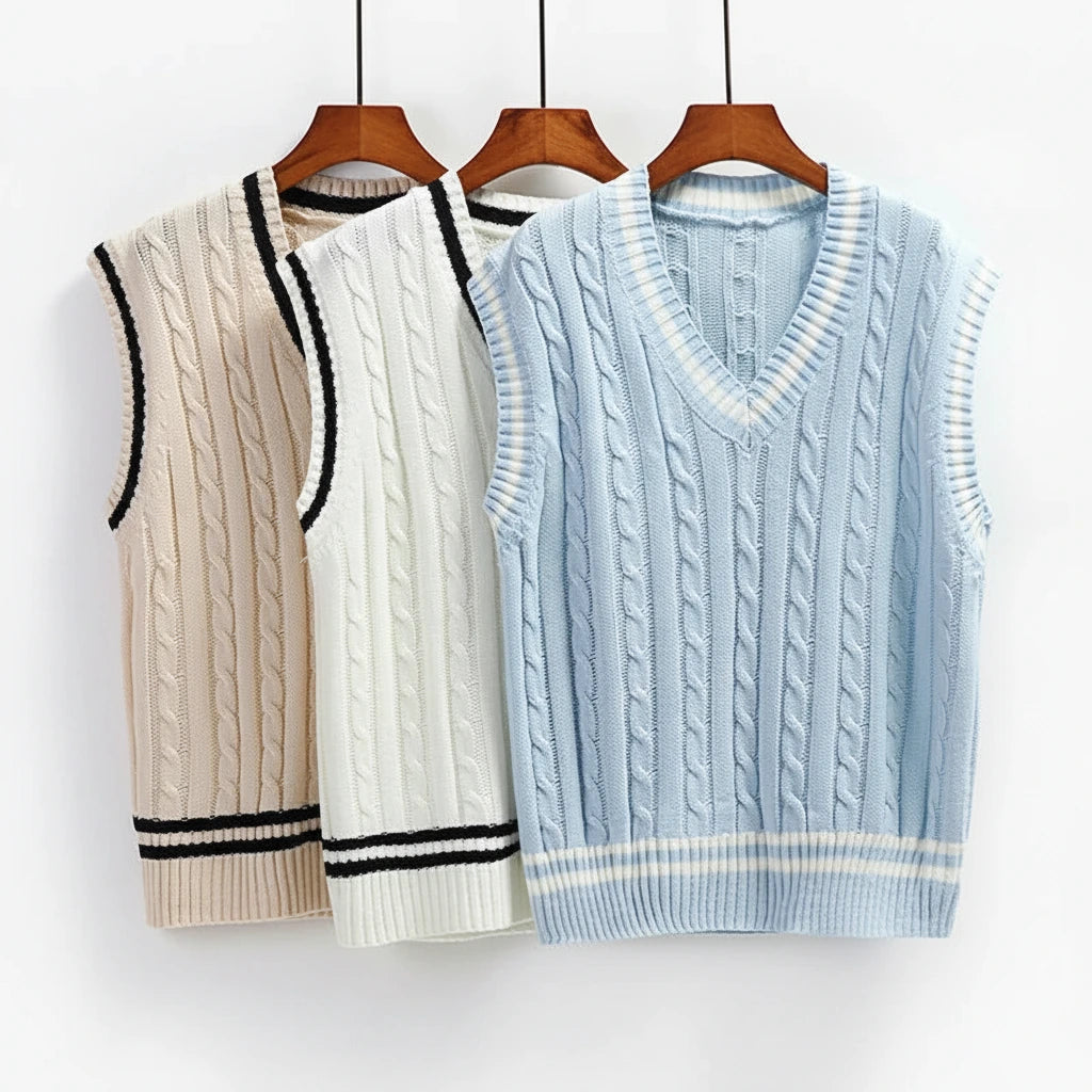 Preppy Cable Knit Striped Trim Sweater Vest