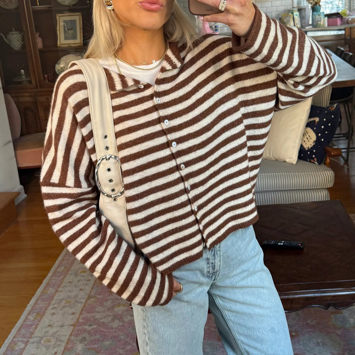 Tokyo Striped Knit Button Down Cardigan Sweater