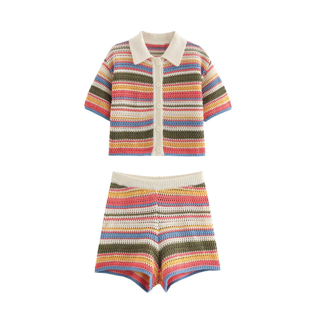 Marbella Striped Crochet Polo Shorts Set