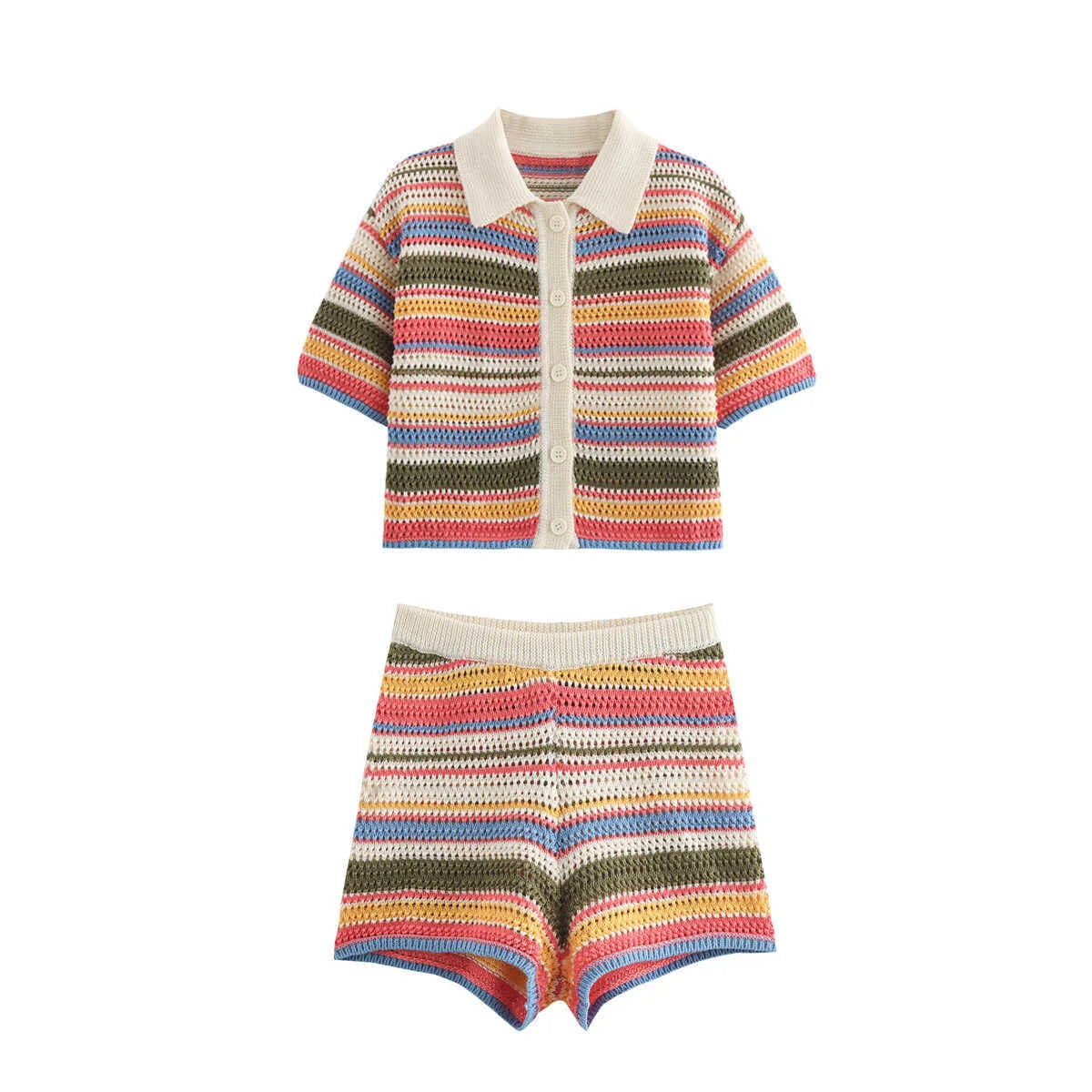 Marbella Striped Crochet Polo Shorts Set