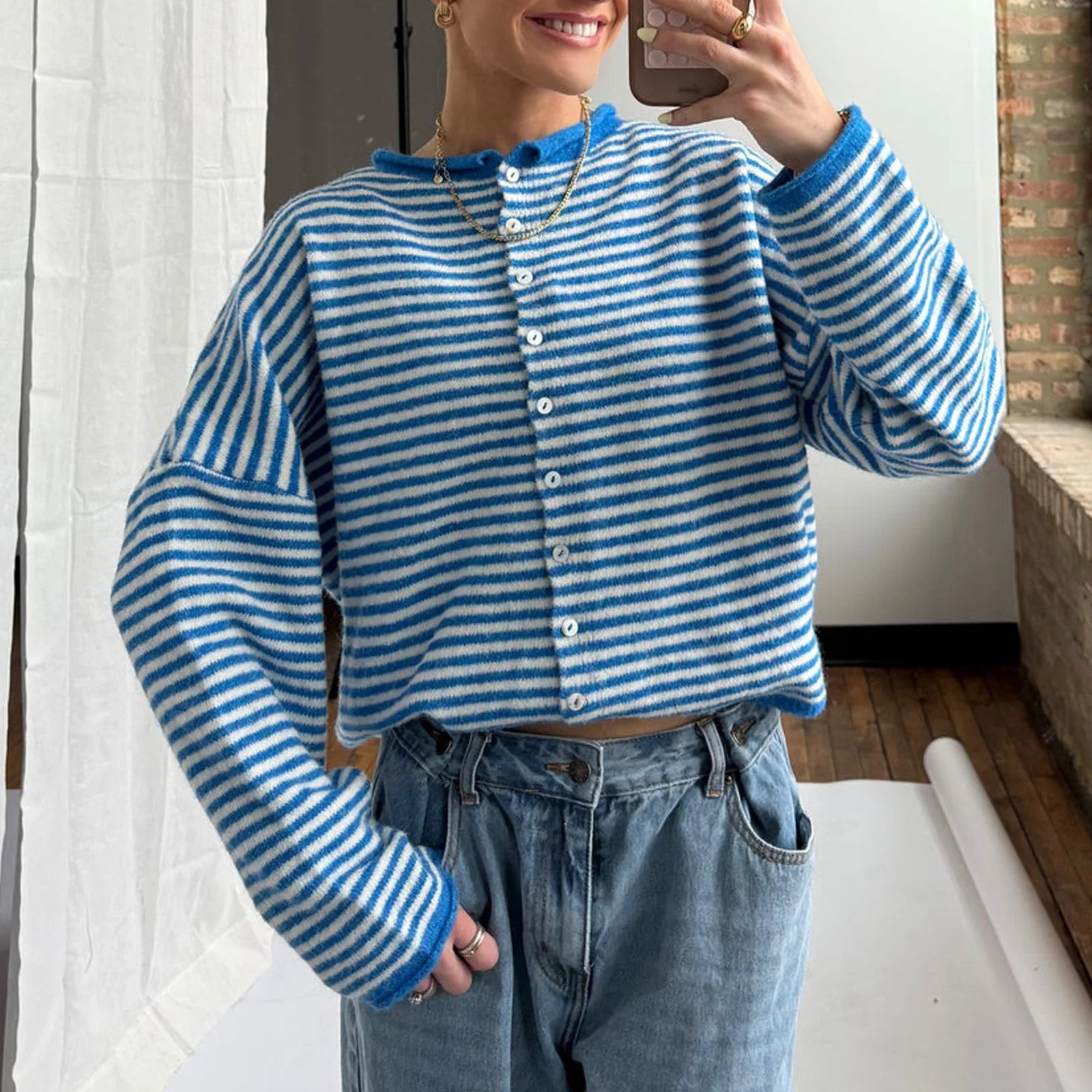 Tokyo Striped Knit Button Down Cardigan Sweater