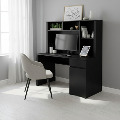Black desk with closed cabinet compartment