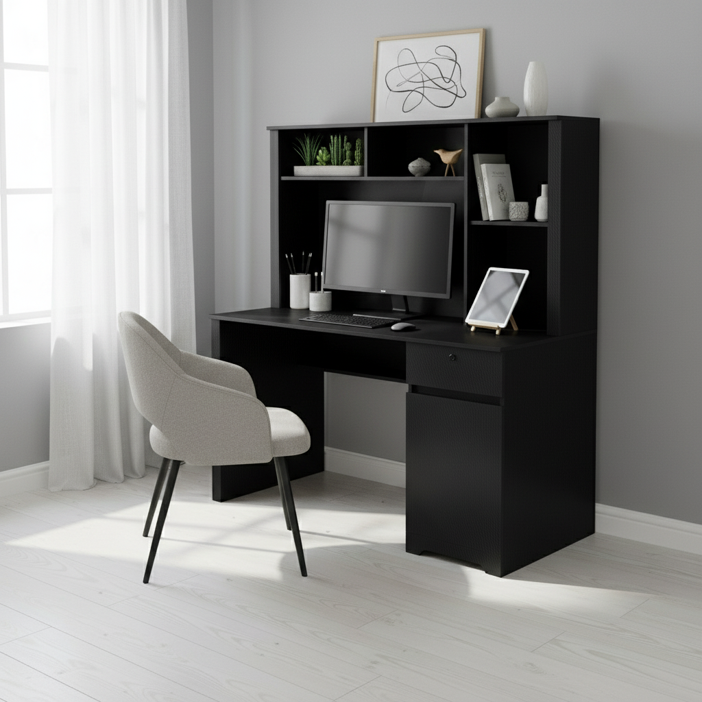 Black desk with closed cabinet compartment