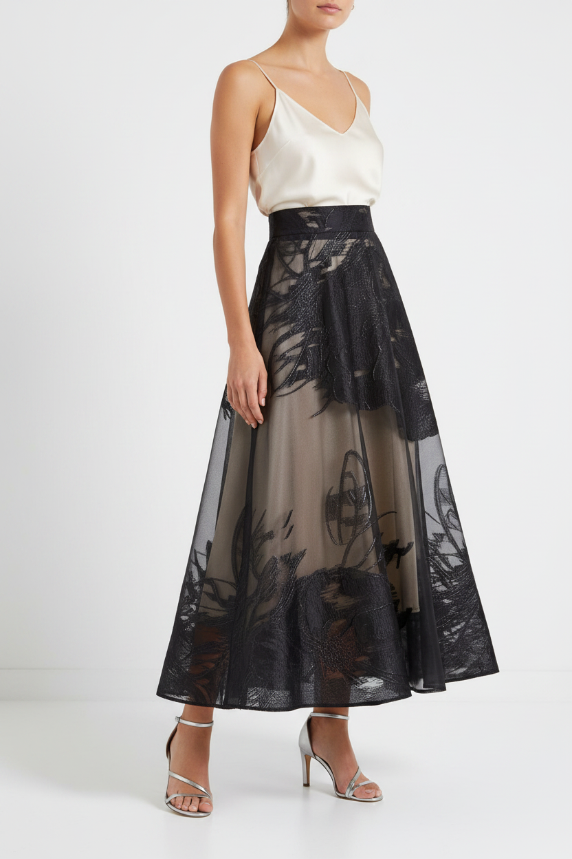 Black Floral Jacquard Maxi - Ankles Showing