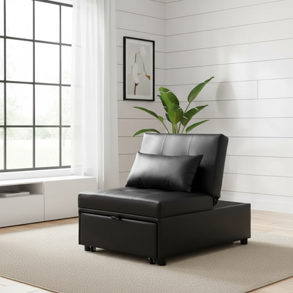 Black leather ottoman - front three-quarter view