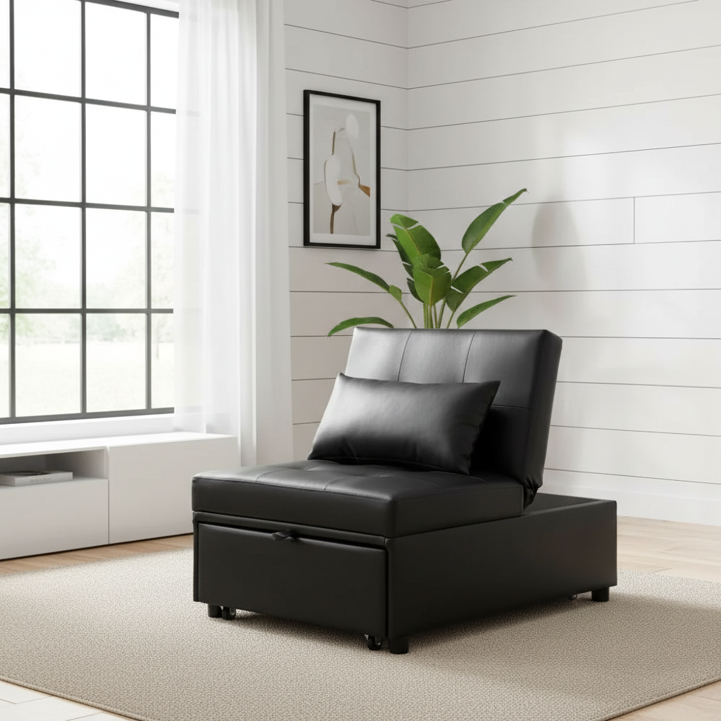 Black leather ottoman - front three-quarter view