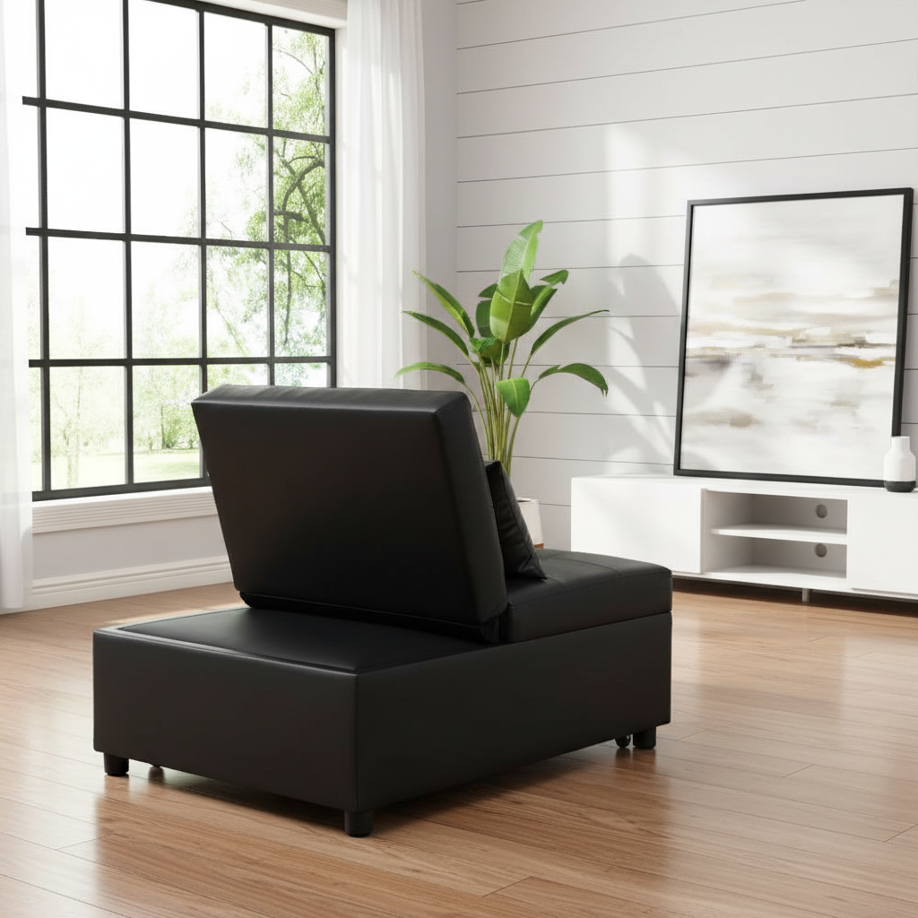 Black leather ottoman - rear three-quarter angle