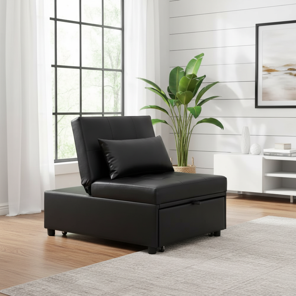 Black leather ottoman - side angle