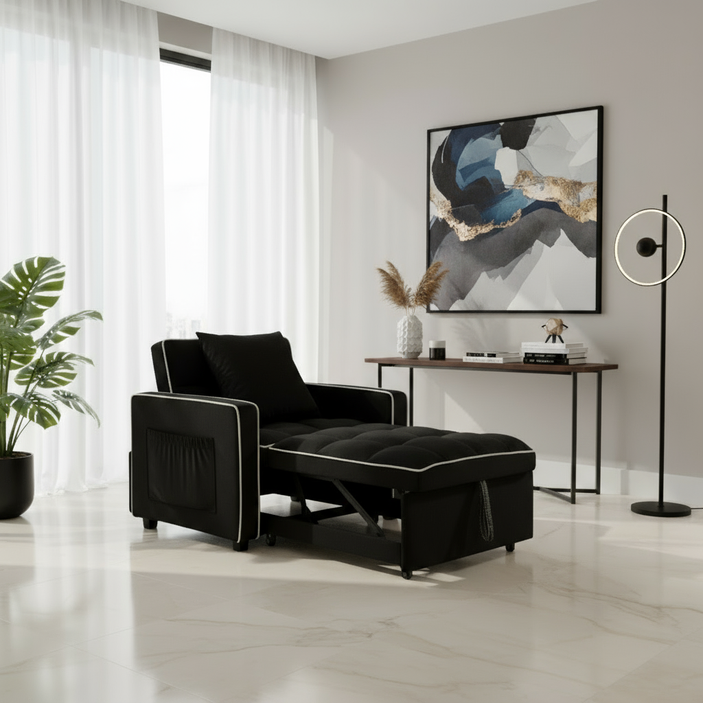 Black sleeper chair in luxurious modern living room