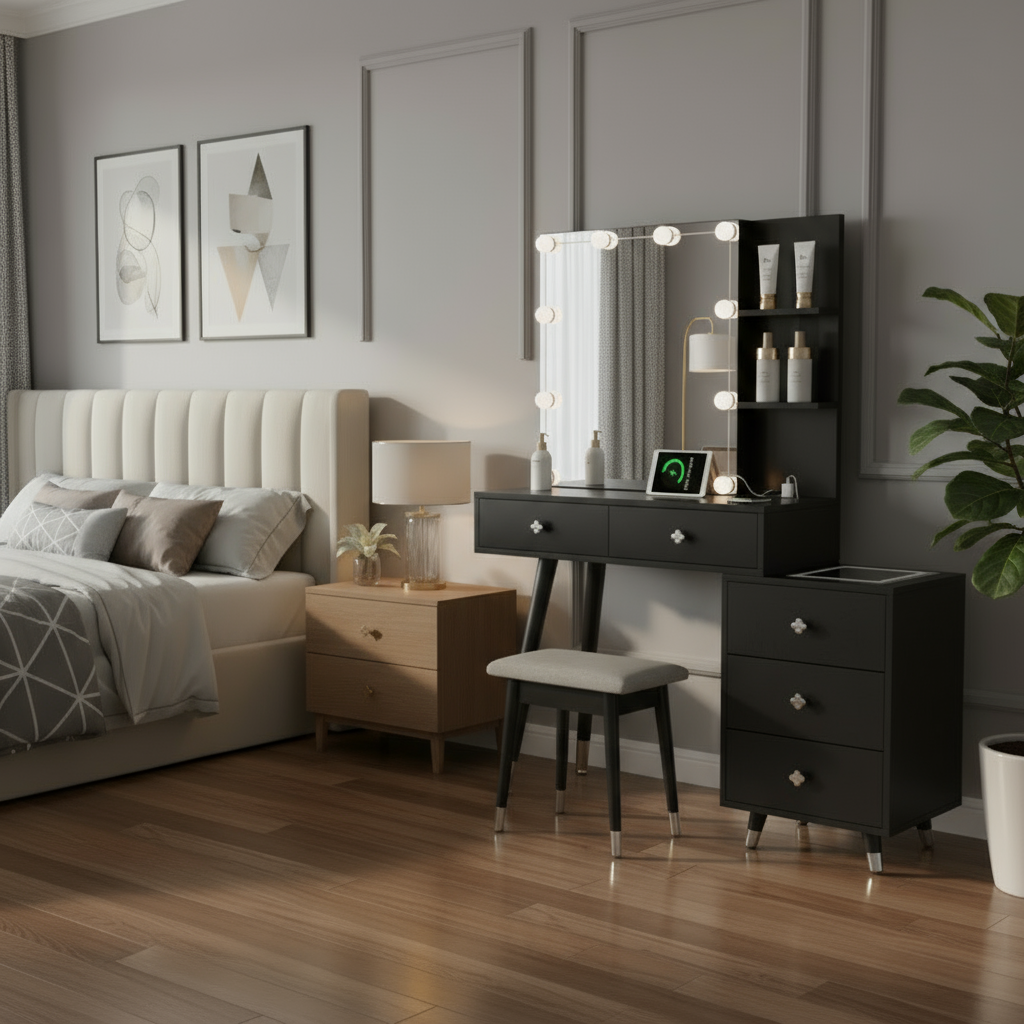 Black vanity with reference angle