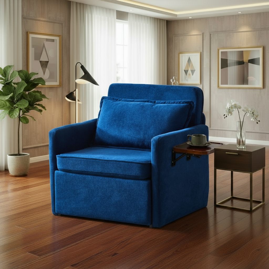 Blue velvet chair with side table in luxury living room