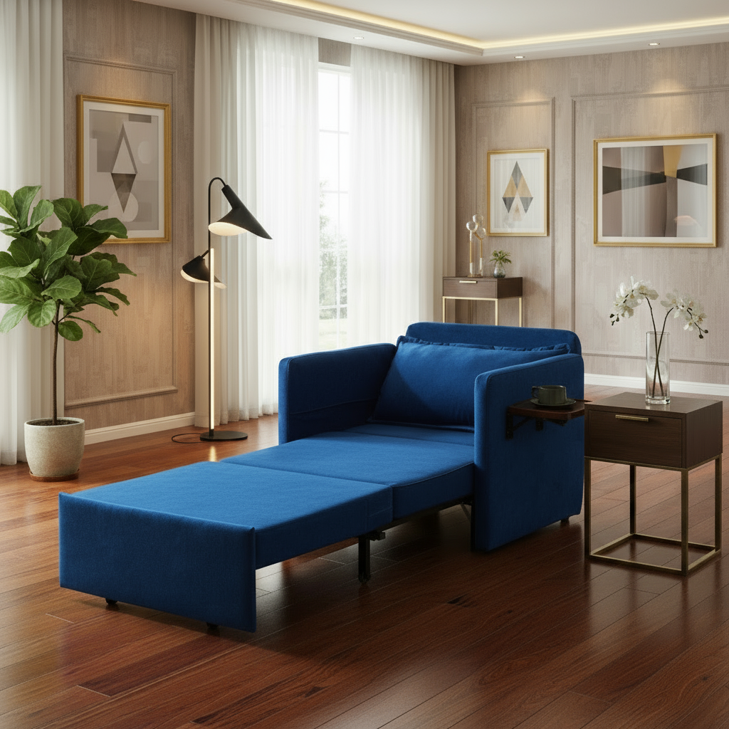 Blue velvet sleeper chair in luxury living room