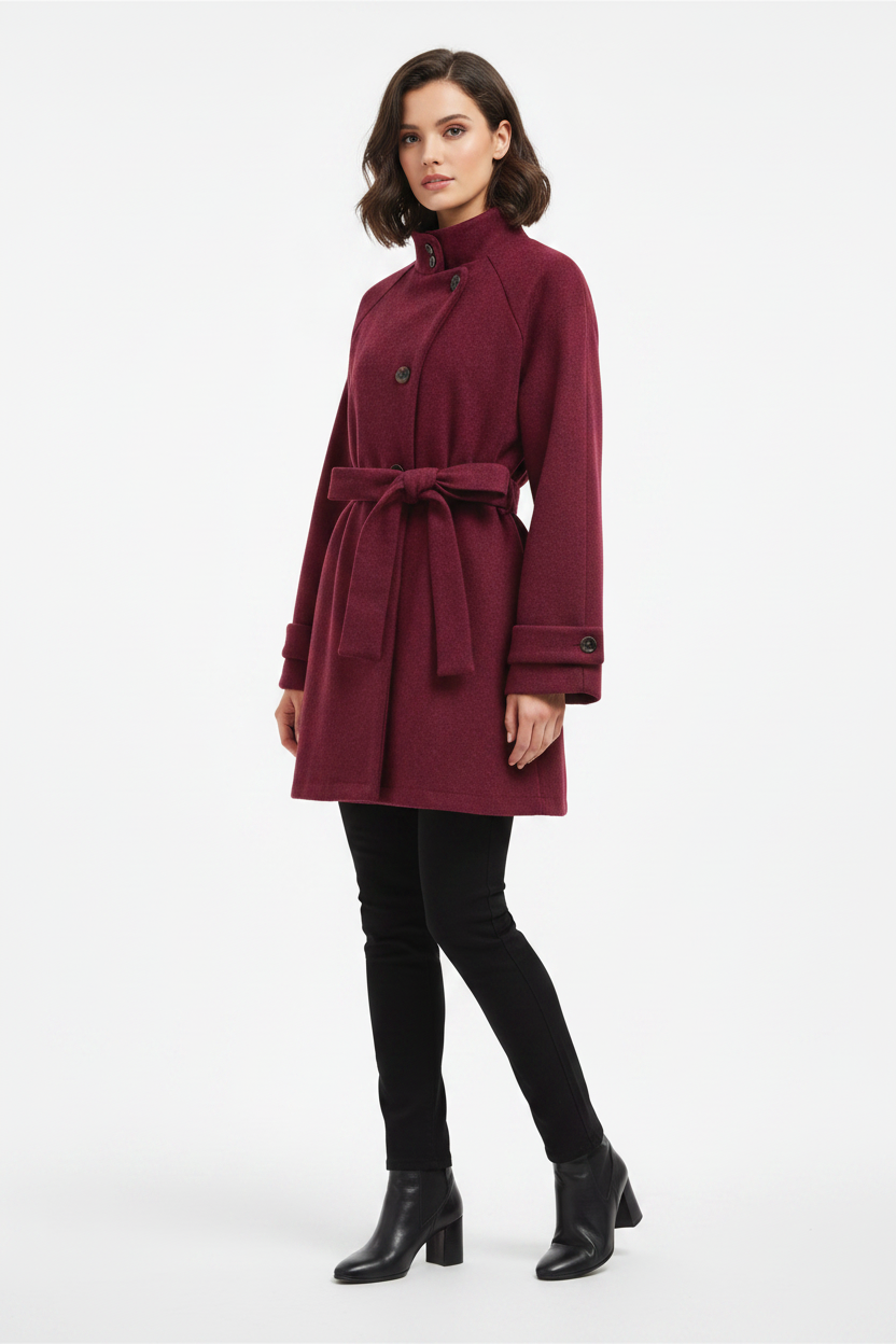 Burgundy Belted Coat Studio Shot