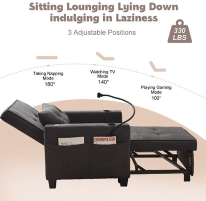 Futon Chair Bed Convertible Chair 3-in-1 Pull Out Sleeper Chair Beds With USB Ports,Wear-resistant And Anti-scratch, Armchair Bed Sleeper For Living Room,Grey.