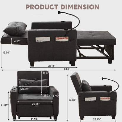 Futon Chair Bed Convertible Chair 3-in-1 Pull Out Sleeper Chair Beds With USB Ports,Wear-resistant And Anti-scratch, Armchair Bed Sleeper For Living Room,Grey.