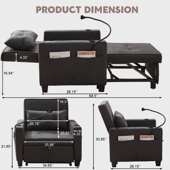 Futon Chair Bed Convertible Chair 3-in-1 Pull Out Sleeper Chair Beds With USB Ports,Wear-resistant And Anti-scratch, Armchair Bed Sleeper For Living Room,Grey.