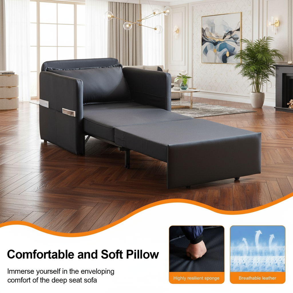 Charcoal gray sleeper chair with banner