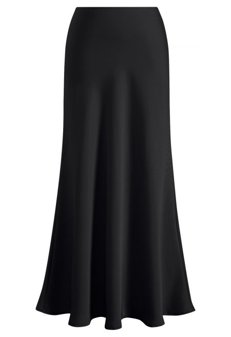 Stylish Satin Flared Maxi Skirt in Black