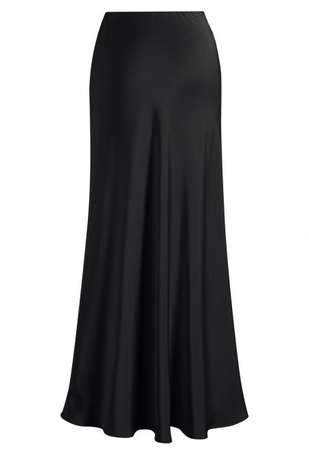 Stylish Satin Flared Maxi Skirt in Black