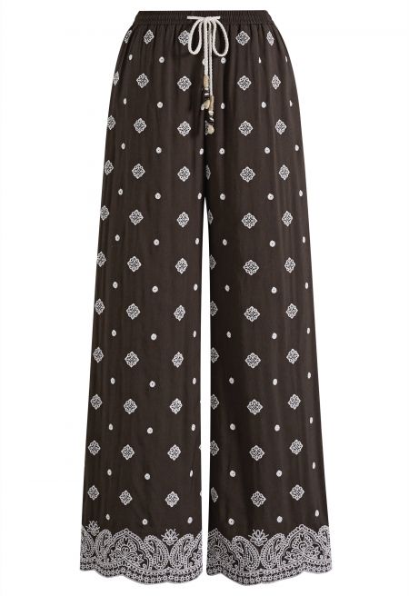 Paisley Embroidered Wide-Leg Pants