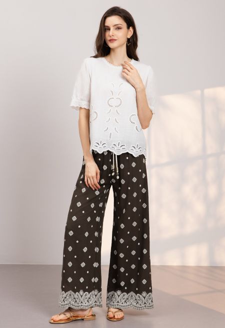 Paisley Embroidered Wide-Leg Pants