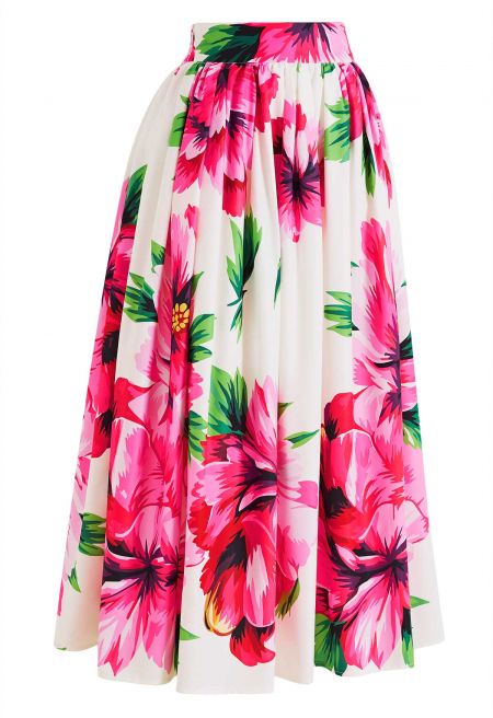 Comfortable Hibiscus Pleated A-Line Maxi Skirt