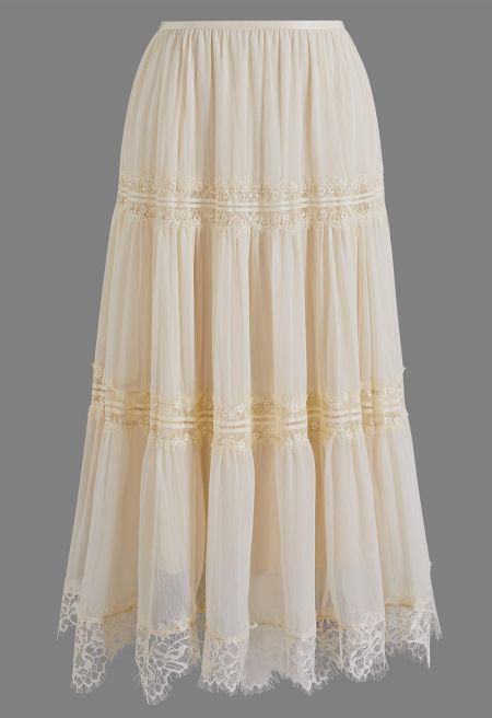 Stylish Tiered Lace Hem Chiffon Maxi Skirt
