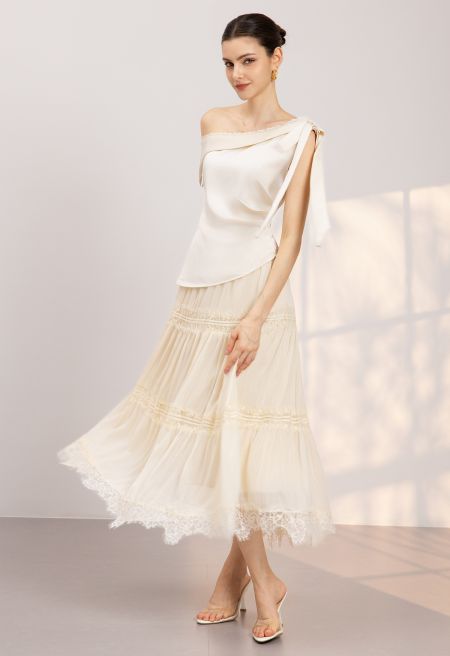 Stylish Tiered Lace Hem Chiffon Maxi Skirt