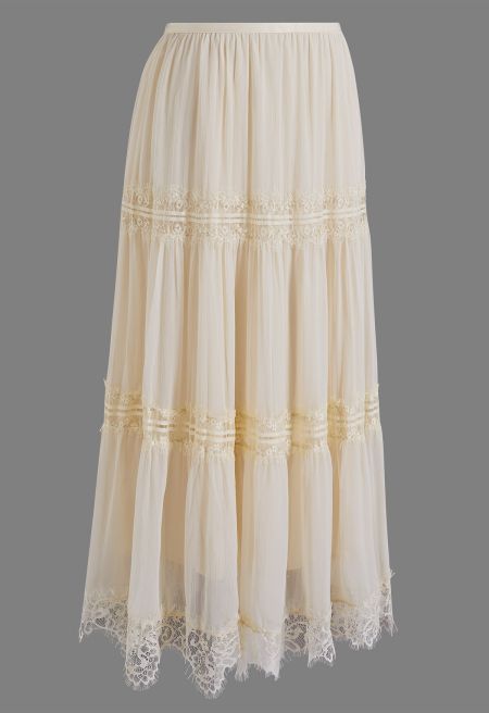 Stylish Tiered Lace Hem Chiffon Maxi Skirt