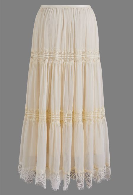 Stylish Tiered Lace Hem Chiffon Maxi Skirt