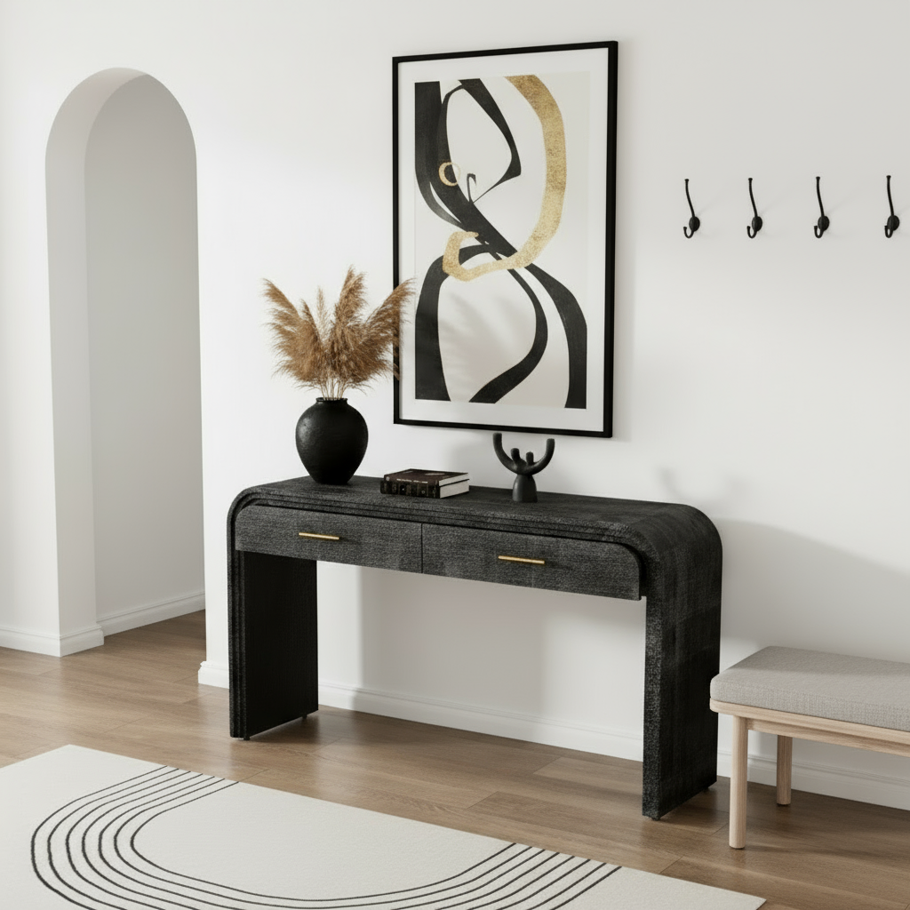Console table in foyer with bench