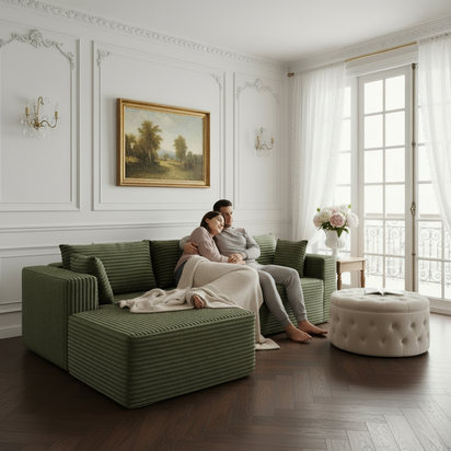 Couple cuddling on green sectional