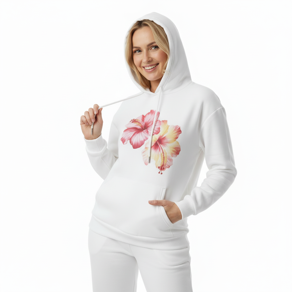 Cozy hoodie white-sweatpants side lean