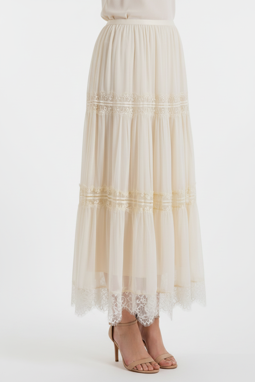 Cream Tiered Lace Skirt - Ankles Showing