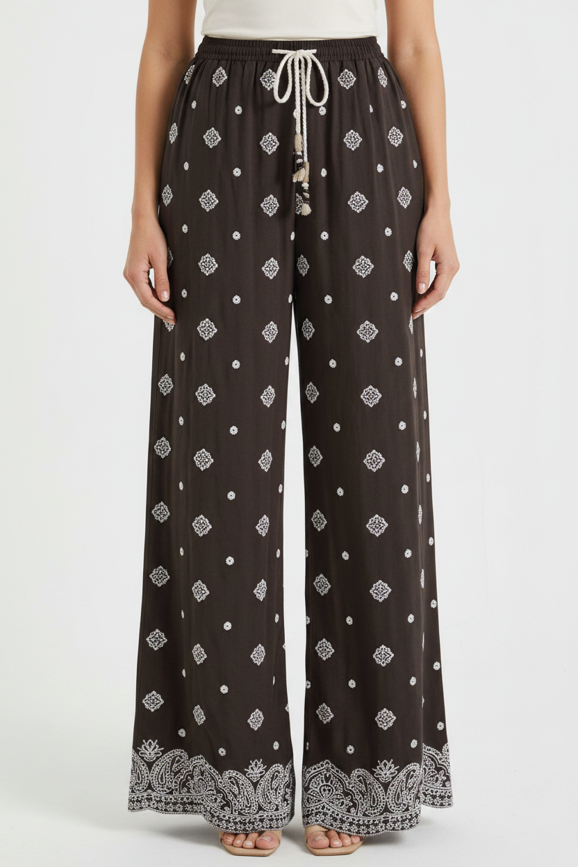 Dark Brown Paisley Wide-Leg Pants