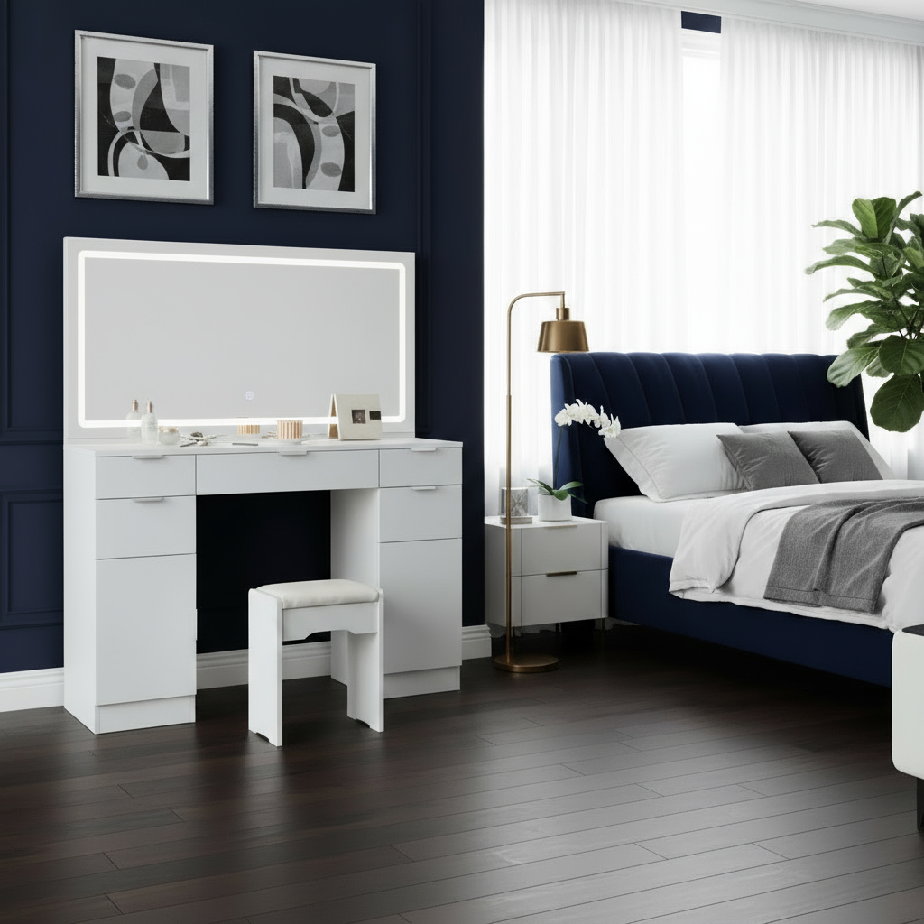 Dressing table next to bed - blank mirror