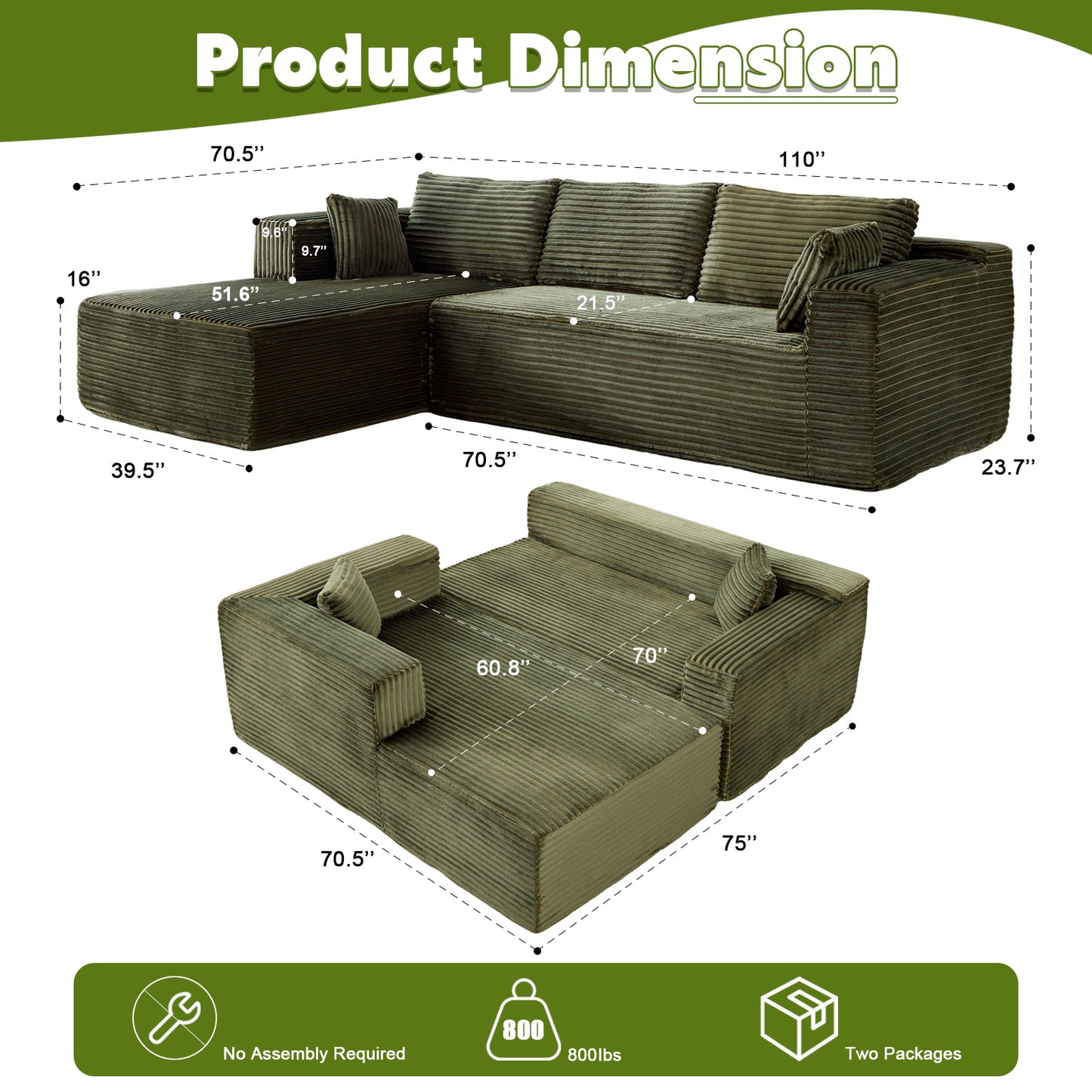 Rove Collections No Assembly L Shaped Couch