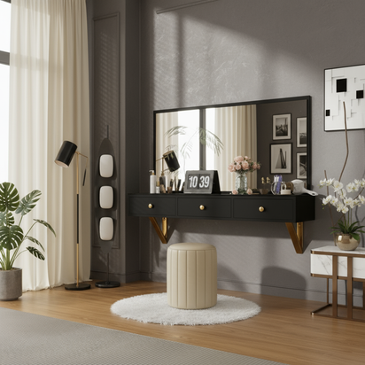 Floating dressing table in charcoal gray room