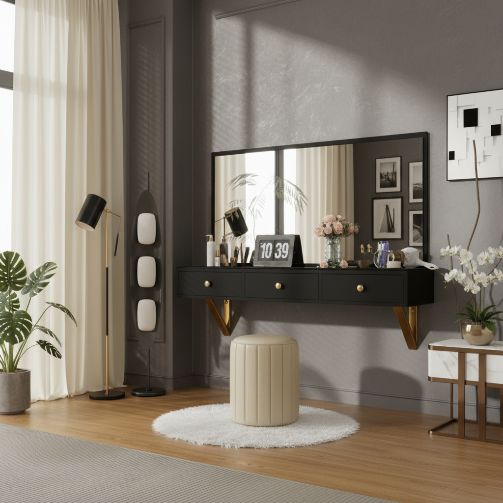 Floating dressing table in charcoal gray room