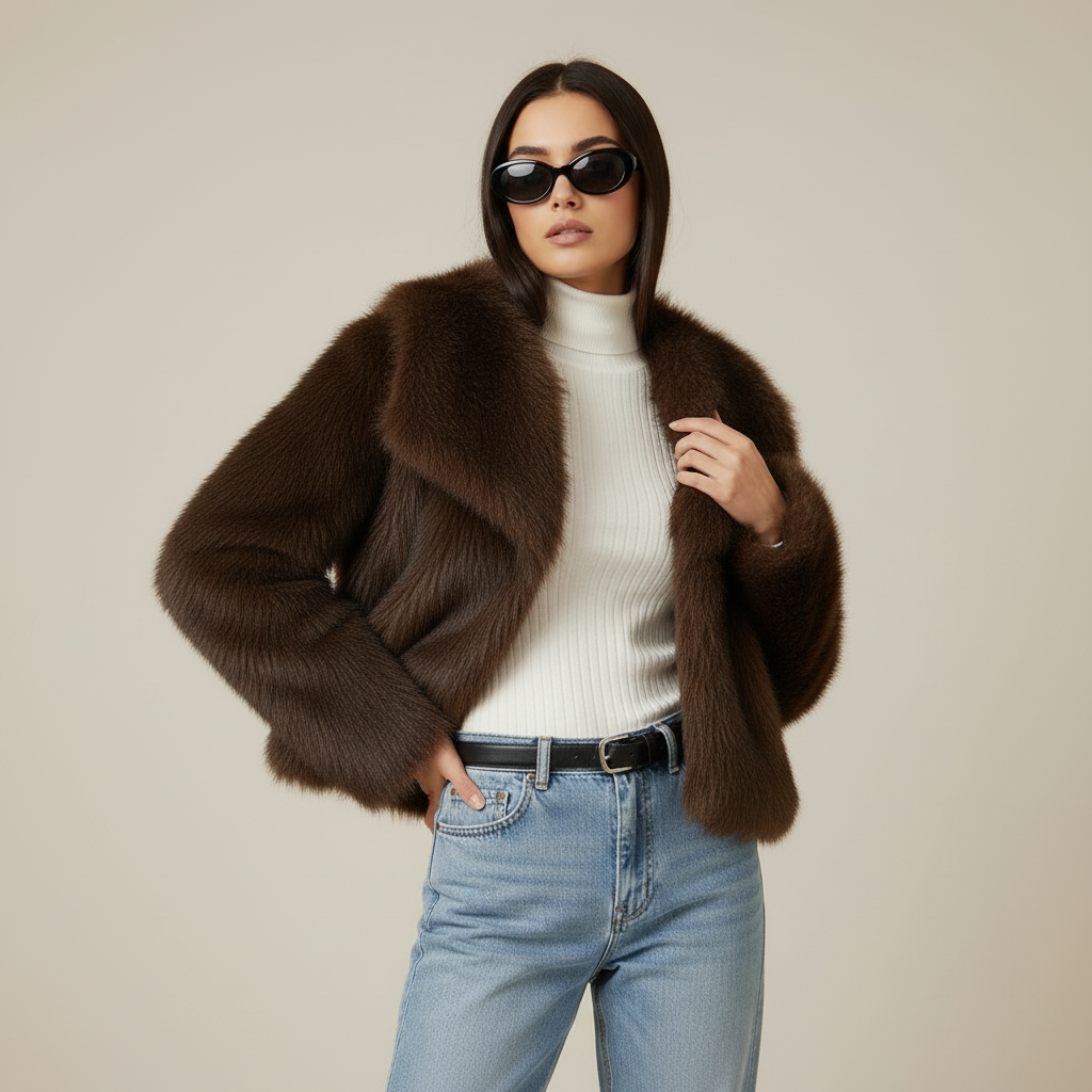 Fresh dark fur coat pose four
