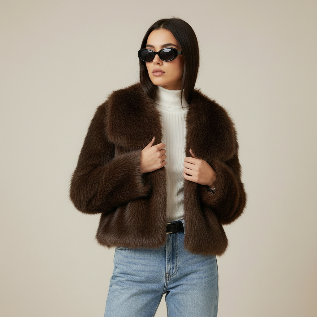 Fresh dark fur coat pose three