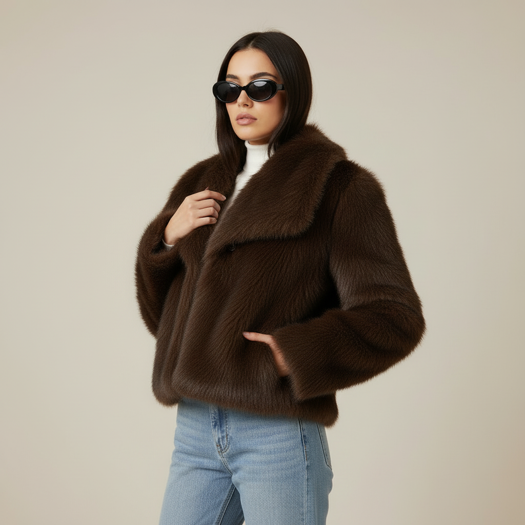Fresh dark fur coat pose two