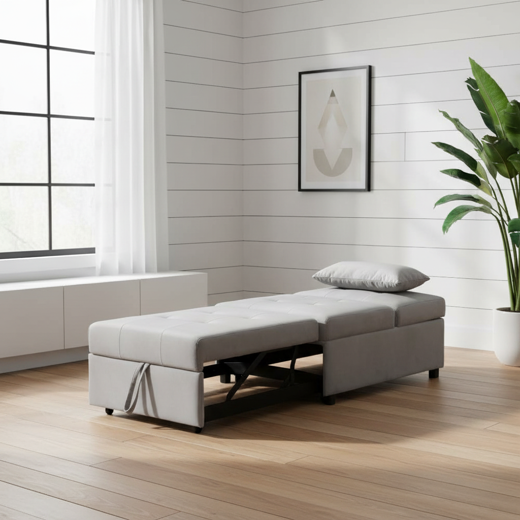 Gray ottoman sleeper chair in coastal Nordic minimalist setting