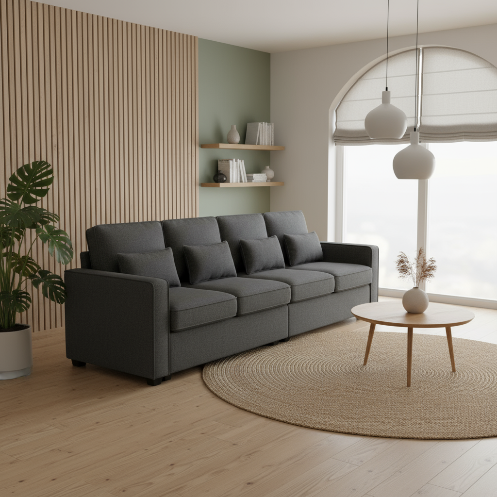 Gray sofa wood backdrop