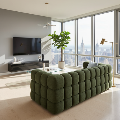 Green Sofa Facing TV