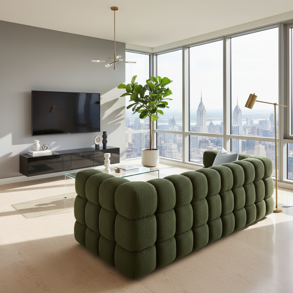 Green Sofa Facing TV