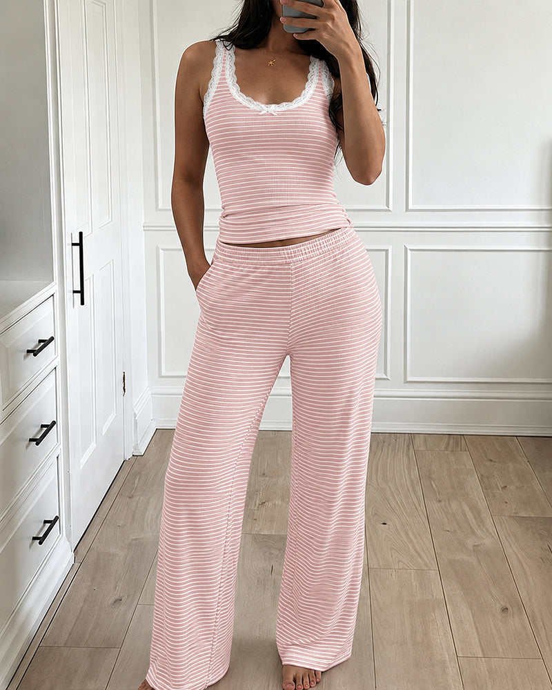Cozy Stripe Rib Knit Sleepwear Set With Pockets