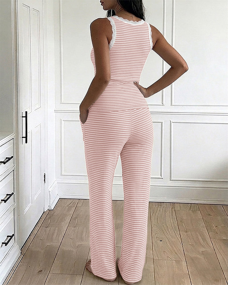 Cozy Stripe Rib Knit Sleepwear Set With Pockets